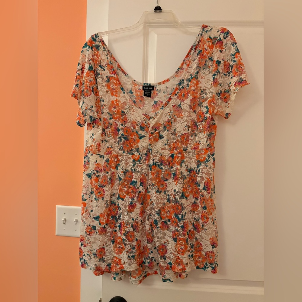 Torrid Floral Print Blouse - Orange and White